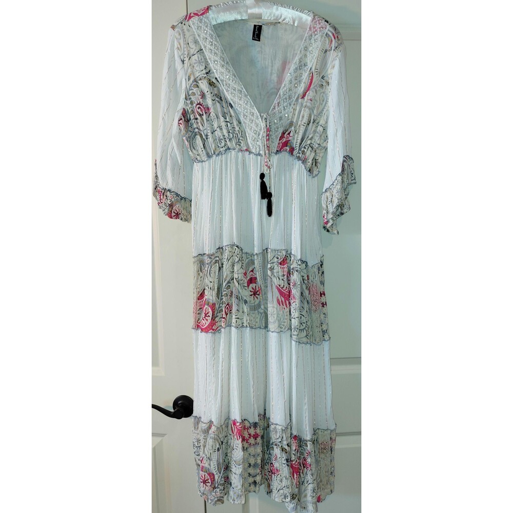 Sacred Threads White Maxi Dress, Pink Floral Trim, Boho Tiered Skirt, L/XL,